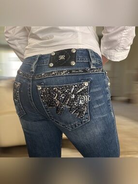 Y2K Miss Me Boot Cut Jeans Embellished Rhinestones  Low Rise Size 27 Blue